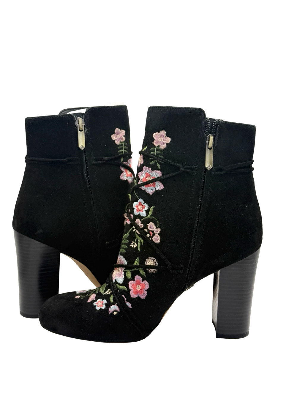 Sam Edelman Floral Embroidered Suede Lace-Up Block Heel Ankle Boots